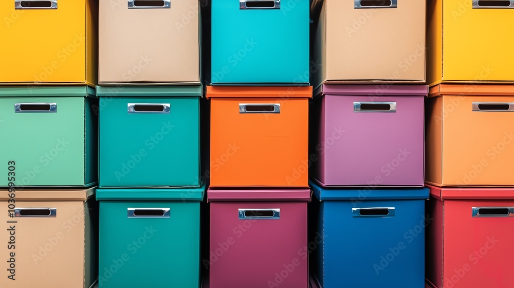 Warehouse with stacks of colorful boxes, neat and efficient, wellorganized stock Warehouse with stacks of colorful boxes, neat and efficient, wellorganized stock