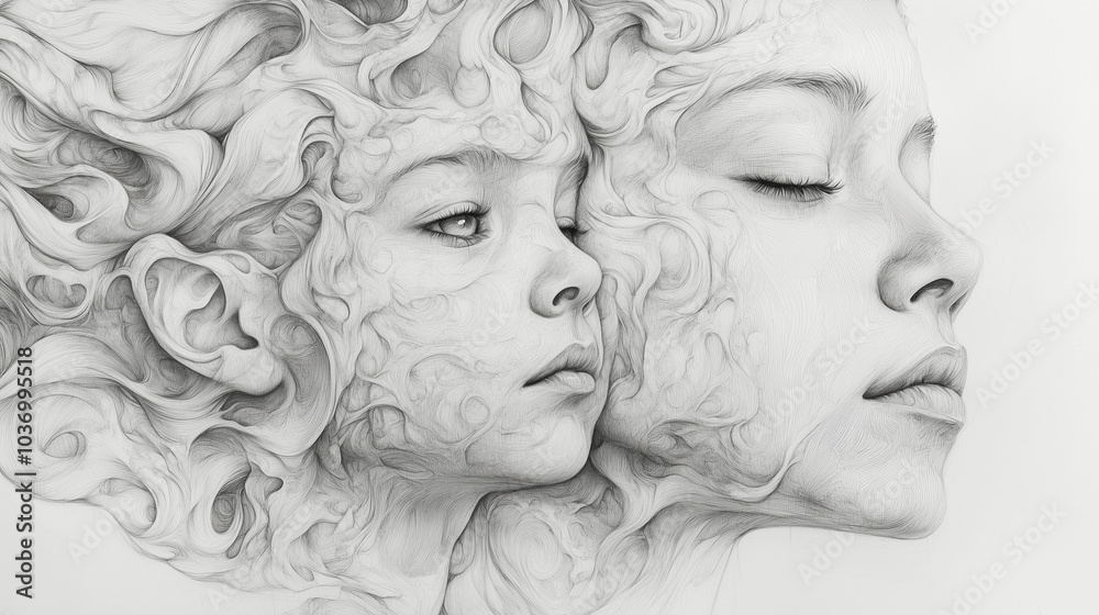 Mother and Daughter with Flowing Hair in Ethereal Pencil Sketch Mother and Daughter with Flowing Hair in Ethereal Pencil Sketch
