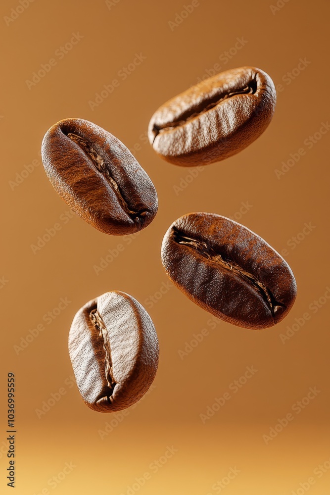 Coffee beans flying in the air, commercial marketing composition