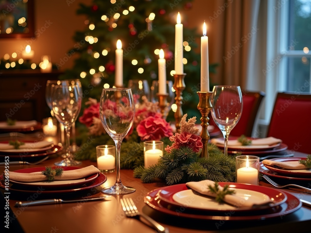 Elegant festive dining table set for a Christmas celebration with candles and decorations in a cozy home Elegant festive dining table set for a Christmas celebration with candles and decorations in a cozy home