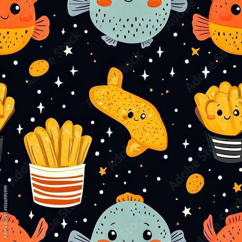 Underwater Space Fries: Whimsical Cartoon Scene with Blue Fish, French Fries, and Octopus Holding Basket. photo