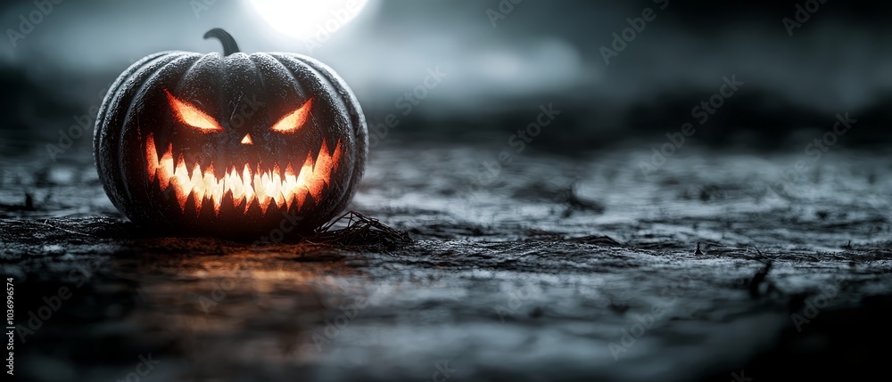 A jack-o-lantern sits on the ground, its face illuminated by a light Behind it, a full moon hangs in the night sky A jack-o-lantern sits on the ground, its face illuminated by a light Behind it, a full moon hangs in the night sky