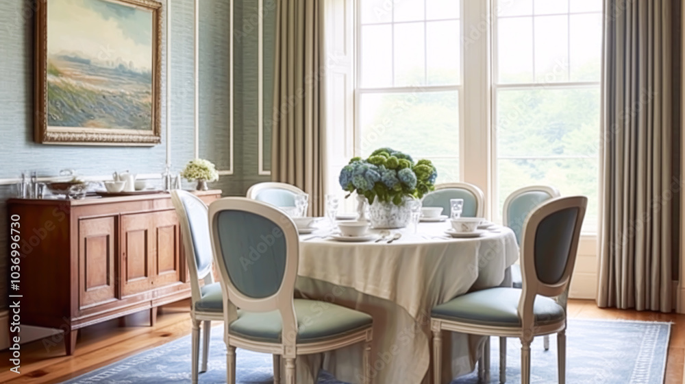 Dining room decor, interior design and house improvement, elegant table with chairs, furniture and classic blue home decor, country cottage style idea Dining room decor, interior design and house improvement, elegant table with chairs, furniture and classic blue home decor, country cottage style idea