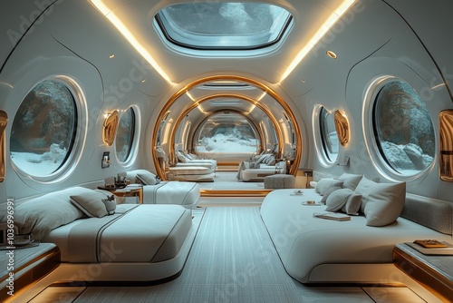 Inside of a train, luxury business, traight view, modern, futuristic photo