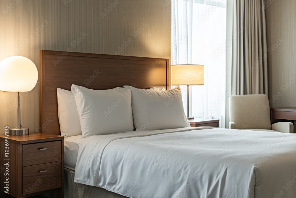 Modern hotel room with a white bed and an armchair, a wooden nightstand table and a simple table lamp with a matching round shade Modern hotel room with a white bed and an armchair, a wooden nightstand table and a simple table lamp with a matching round shade