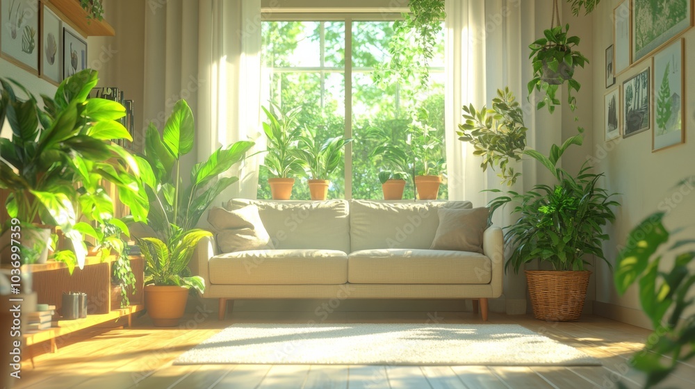 Living room scene, a single sofa, a pot of greenery, wooden light-colored floor, plenty of sunlight shining in from the window, small fresh style, high-quality realistic scene Living room scene, a single sofa, a pot of greenery, wooden light-colored floor, plenty of sunlight shining in from the window, small fresh style, high-quality realistic scene