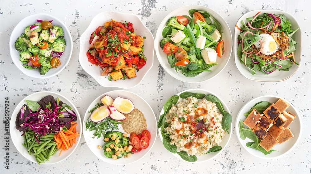 Assortment of healthy food dishes. Top view. Free space for your text. Assortment of healthy food dishes. Top view. Free space for your text.
