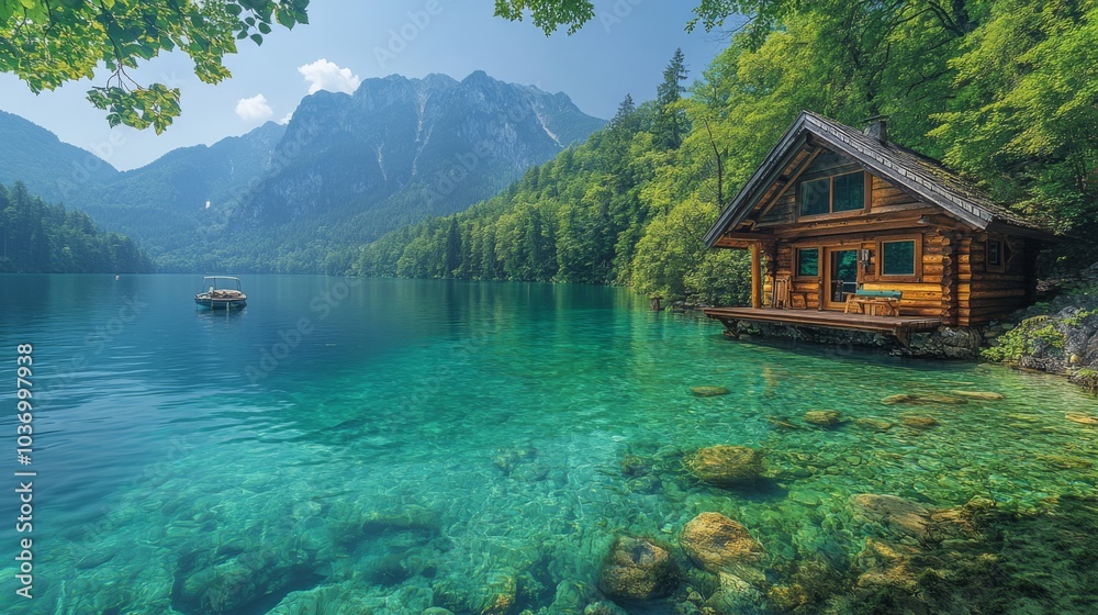 Panoramic photo of a beautiful wooden hut on the edge of a clear, turquoise lake, with an emerald green mountain forest in the background, surrounded by jungle trees and a boat in the distance. Panoramic photo of a beautiful wooden hut on the edge of a clear, turquoise lake, with an emerald green mountain forest in the background, surrounded by jungle trees and a boat in the distance.