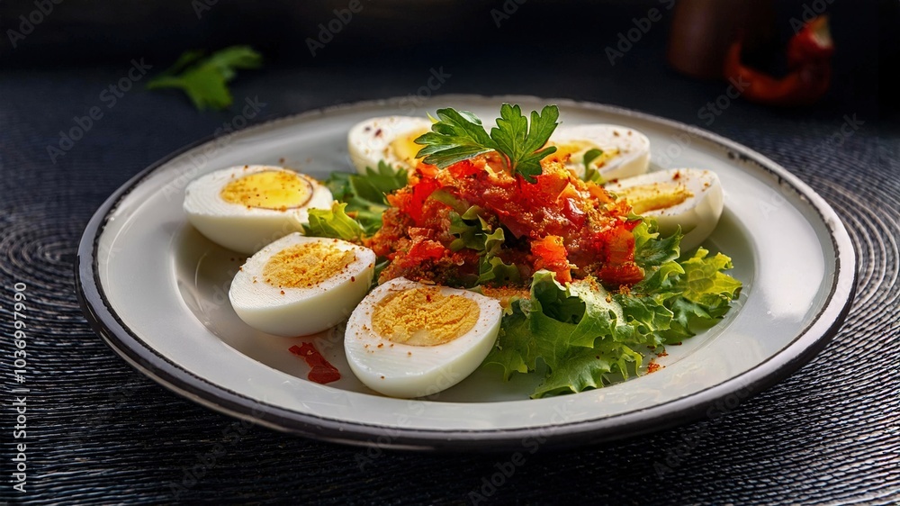 Hard-boiled eggs spicy salad on a black table. Hard-boiled eggs spicy salad on a black table.