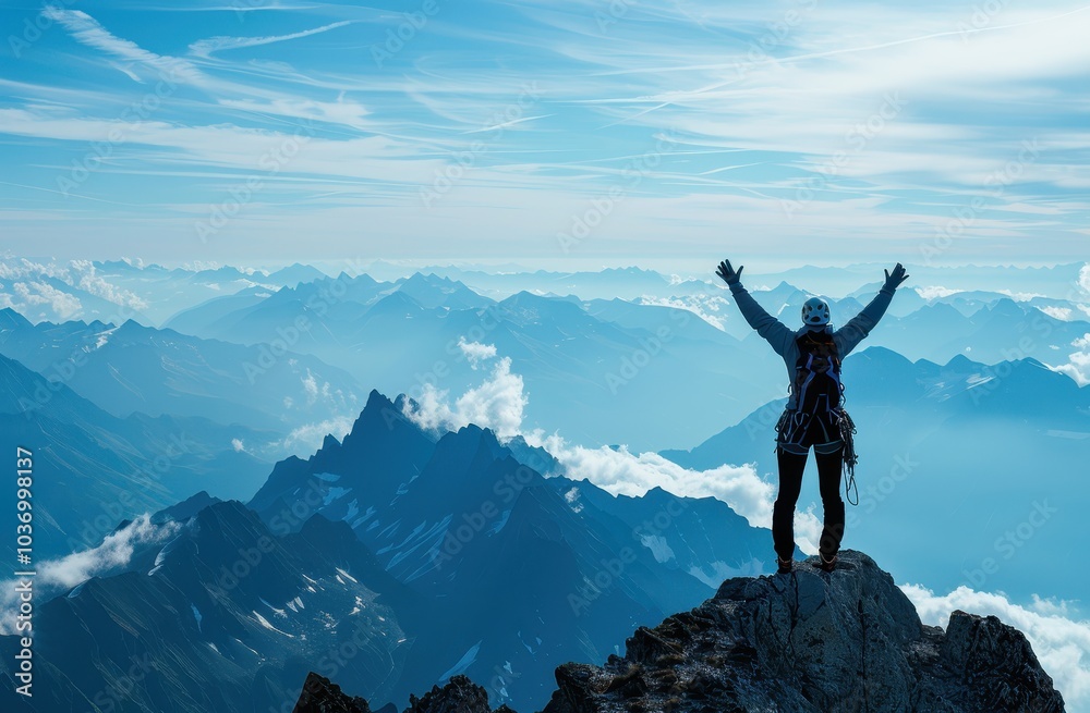 Climber Raising Arms in Triumph on Mountain Peak with Blue Skies and Distant Peaks Climber Raising Arms in Triumph on Mountain Peak with Blue Skies and Distant Peaks