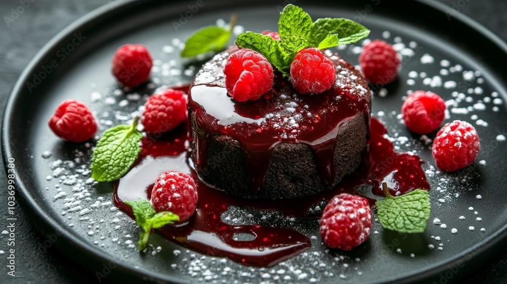 Decadent Chocolate Lava Cake with Rich Raspberry Sauce, Garnished with Fresh Raspberries and Mint Leaves for an Irresistible Dessert Delight Decadent Chocolate Lava Cake with Rich Raspberry Sauce, Garnished with Fresh Raspberries and Mint Leaves for an Irresistible Dessert Delight
