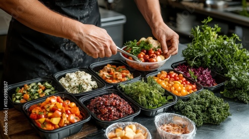 A chef carefully prepares a salad meal using vibrant, fresh ingredients, demonstrating culinary skill in arranging an appetizing and colorful combination of produce.