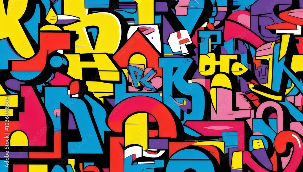 Obraz premium Vibrant Abstract Art with Geometric Shapes in Bold Colors, Complex and Dynamic Composition of Intertwined Forms in Yellow, Red, Blue, Purple, and Black, Visually Engaging and Striking