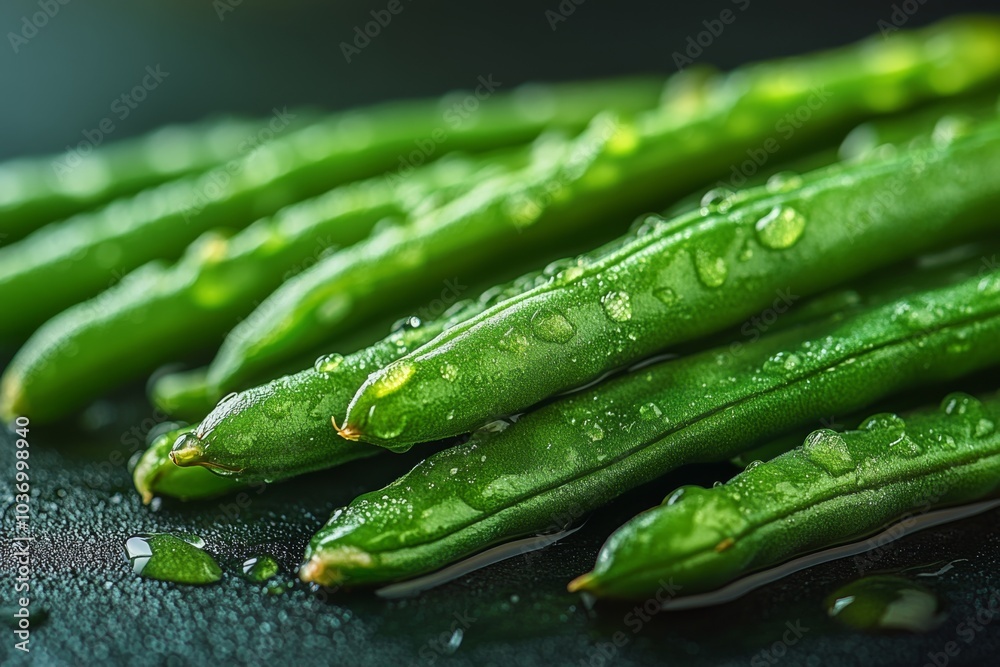 Seamless background picture, miniature food photography style, fresh washed green beans close-up. diagonal composition, dreamy texture, advanced photography style