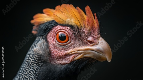 Close-up of a game farm bird with detailed feathers, vibrant colors, and distinctive features, captured from an eye-level perspective to highlight its significance in gourmet markets. 