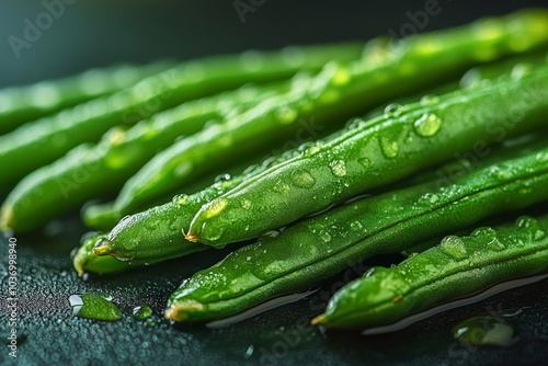 Seamless background picture, miniature food photography style, fresh washed green beans close-up. diagonal composition, dreamy texture, advanced photography style