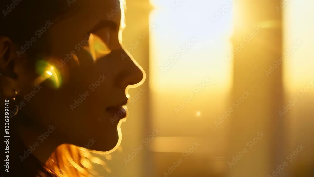 Silhouette of a woman in golden sunrise light with lens flare reflection