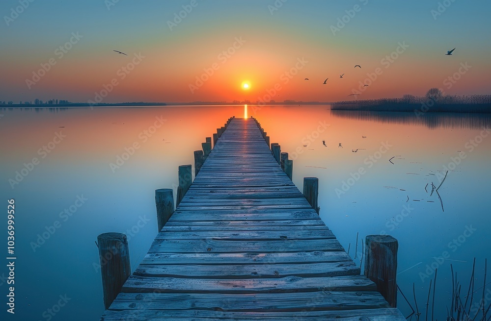 Obraz premium Wooden Dock Leading to a Sunset Over a Calm Lake