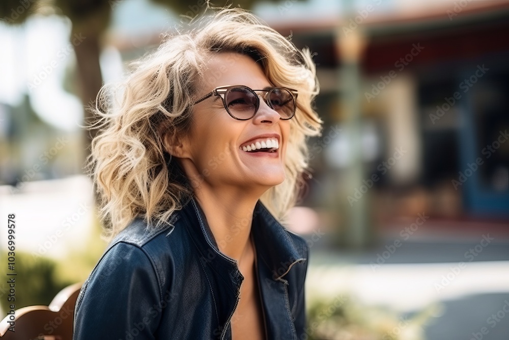 Portrait of a beautiful young woman with curly blond hair and sunglasses