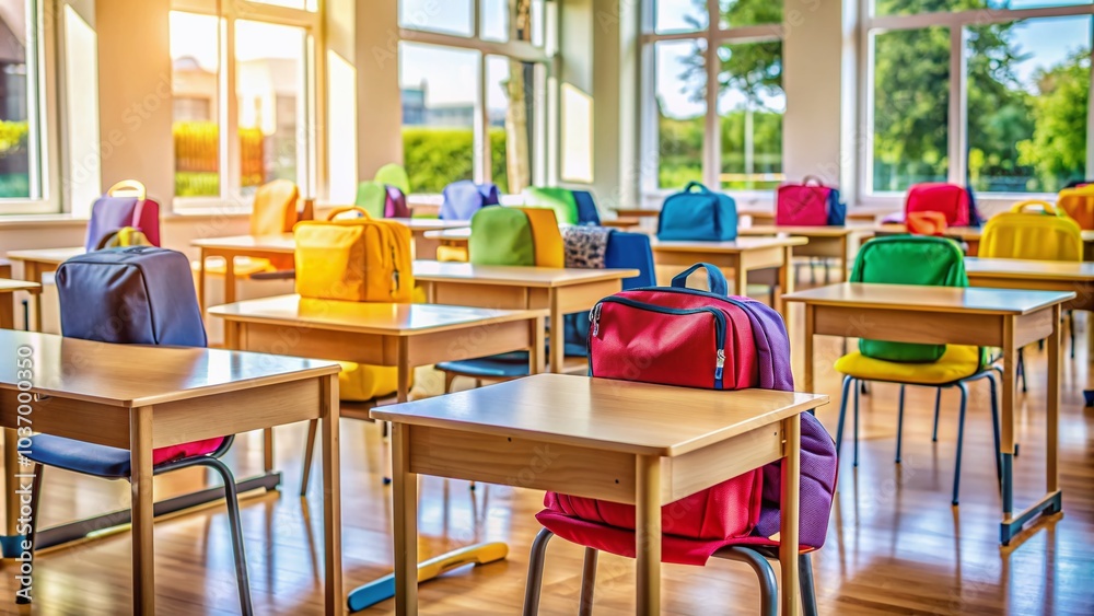 Empty school desks surrounded by colorful backpacks and school supplies, bathed in natural daylight, evoking a sense of excitement and learning in a diverse educational setting. Empty school desks surrounded by colorful backpacks and school supplies, bathed in natural daylight, evoking a sense of excitement and learning in a diverse educational setting.