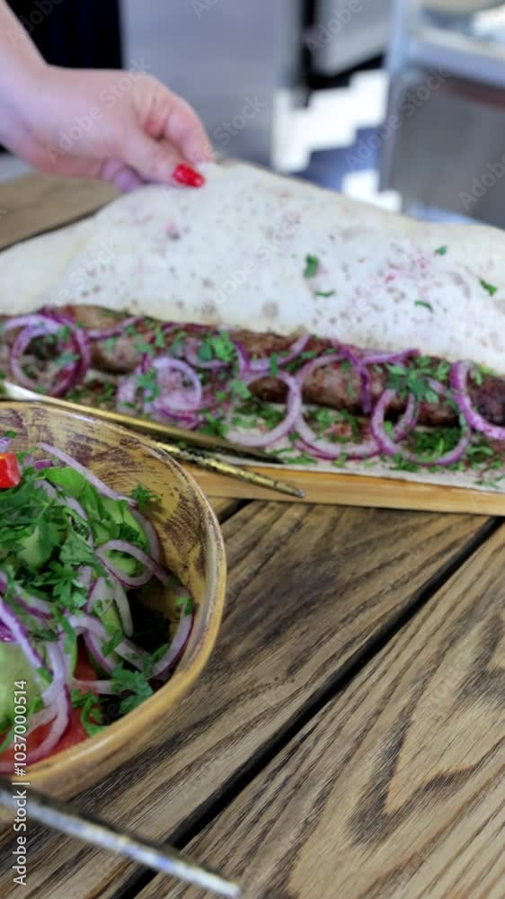 A bowl of vegetable salad placed next to lula kebab wrapped in pita bread with onions on a restaurant table. Vertical video format A bowl of vegetable salad placed next to lula kebab wrapped in pita bread with onions on a restaurant table. Vertical video format