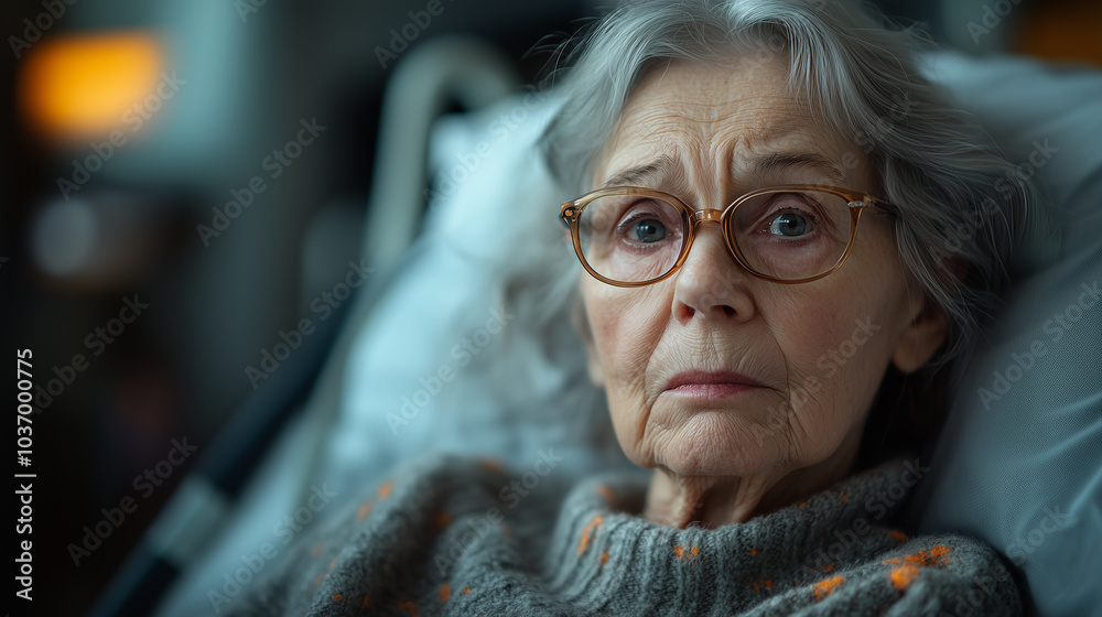 Elderly refined Caucasian lady with gray hair lying in bed in a hospital room Elderly refined Caucasian lady with gray hair lying in bed in a hospital room