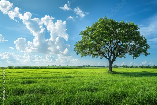 Solitary Tree in a Vast Field of Green Grass Under a Blue Sky with White Clouds