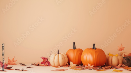 harvest pumpkins gourds and autumn leaves minimalist seasonal background peach beige wall with space for copy text holiday thanksgiving marketing branding