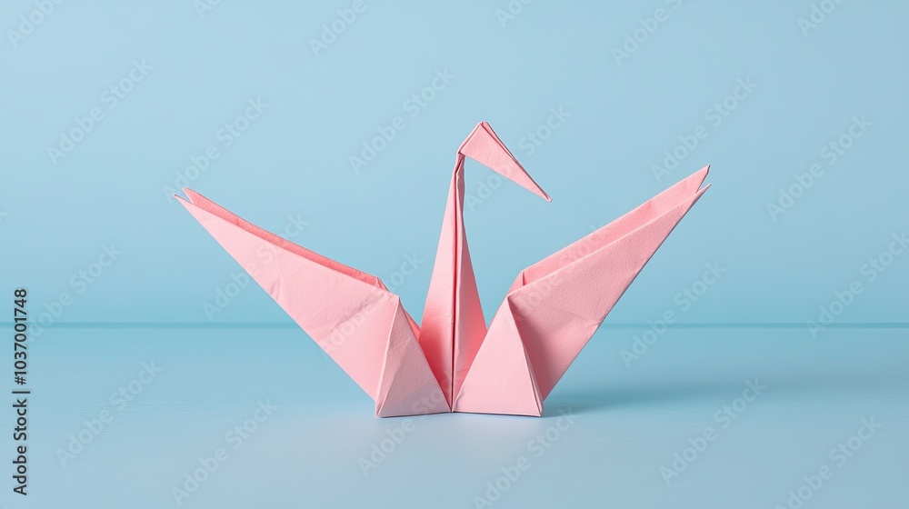 Fototapeta premium A delicate pink origami crane gracefully stands against a soft blue background, showcasing the art of paper folding.