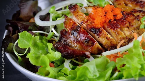 Grilled chicken breast, fillet and fresh vegetable salad. Healthy lunch menu.