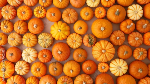 Variety of Colorful Pumpkins Arranged in Rows for Fall Harvest Season photo