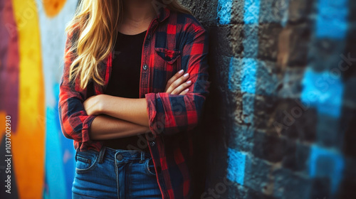 Girl with arms folded on chest standing near wall. Close-up. The problem of bullying. Unhappy love, youth conflicts.