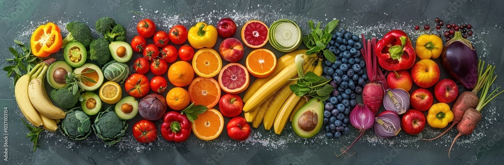 A Rainbow of Fresh Produce Arranged on a Dark Background A Rainbow of Fresh Produce Arranged on a Dark Background