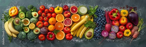 A Rainbow of Fresh Produce Arranged on a Dark Background