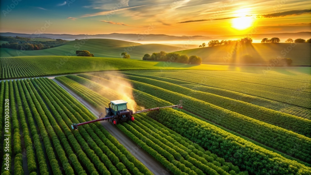Aerial view of a tractor spraying pesticides over a lush green soybean plantation during sunset, with rolling hills and misty atmosphere, showcasing agricultural practice. Aerial view of a tractor spraying pesticides over a lush green soybean plantation during sunset, with rolling hills and misty atmosphere, showcasing agricultural practice.