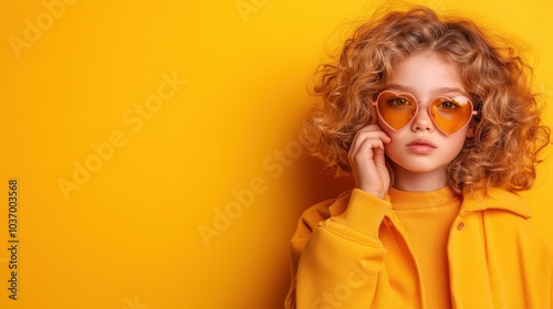 A charming child with curly hair wears heart-shaped sunglasses against a vibrant yellow background, showcasing a sense of playful fashion and innocence. photo