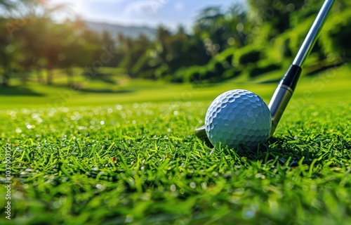 Golf Ball and Club on a Green Grassy Golf Course