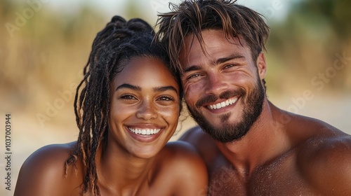 This image captures a close-up of a beaming couple basking in the sun on a sandy beach, radiating joy and warmth with a backdrop of clear, bright skies.