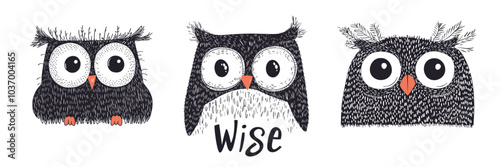 Cute Owl Trio Illustrations with Wise Theme for children s designs, educational material, or playful decoration.