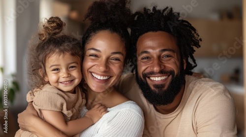 A cheerful family of three with a young daughter pose happily, showcasing warmth, unity, and joy in a contemporary and inviting home environment.