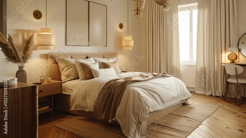 A cozy Scandinavian bedroom with a double bed, headboard