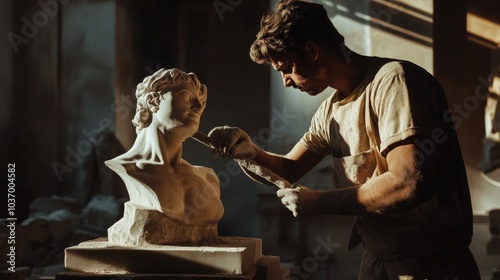 Crafting Beauty: A Sculptor's Passionate Journey in Light and Shadow, Shaping a Timeless Bust from Marble in a Serene Artisan Workshop