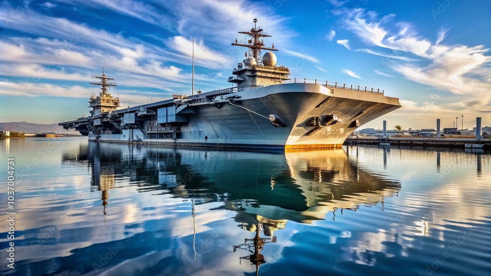 Fototapeta premium Massive gray and black camouflage covers the imposing Navy aircraft carrier, docked in tranquil waters, its enormous size and intricate details reflected perfectly.