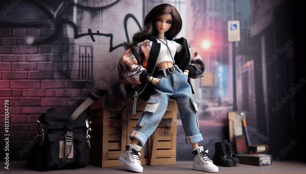 Naklejka premium Fashion doll in urban streetwear. A trendy fashion doll wearing stylish urban streetwear, such as a cropped jacket, ripped jeans, and sneakers.