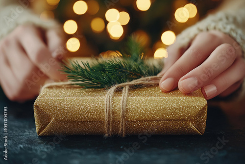 Golden Gift Box with Pine Decoration  photo