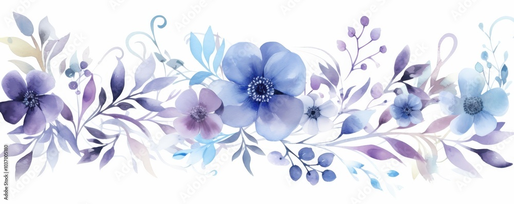 Watercolor Illustration of Delicate Blue and Purple Flowers and Foliage Watercolor Illustration of Delicate Blue and Purple Flowers and Foliage