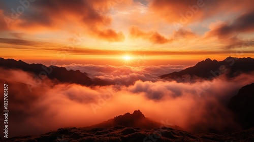 A striking sunset bathes a mountain range in warm, golden light, with clouds rolling in, creating a dramatic and inspiring tableau of nature's splendor and beauty. photo