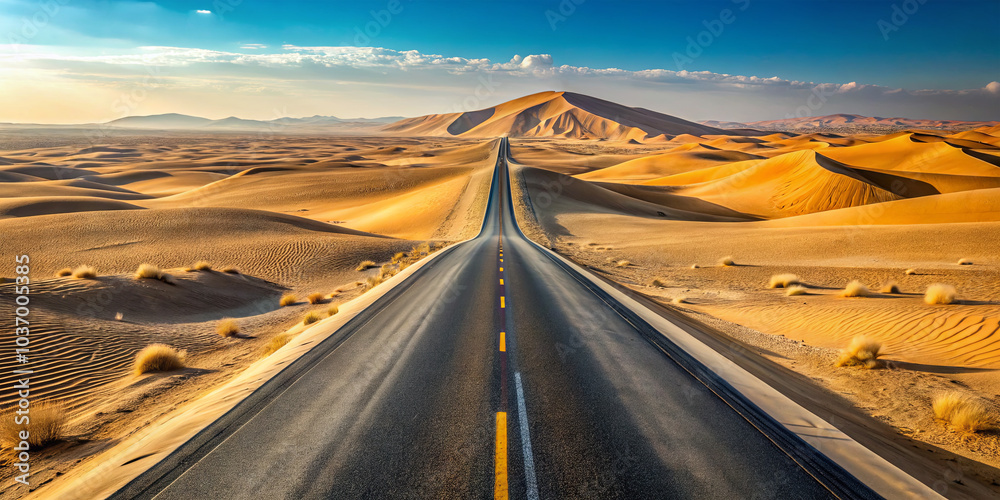Fototapeta premium A long, straight road traverses a vast desert filled with golden sand dunes, bathed in morning light. The bright sky enhances the serene beauty of the landscape