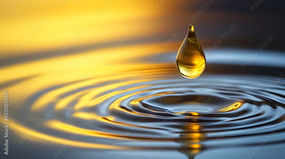 Suspended Golden Oil Drop with Smooth Rippling Surface Natural Oil Concept Suspended Golden Oil Drop with Smooth Rippling Surface Natural Oil Concept