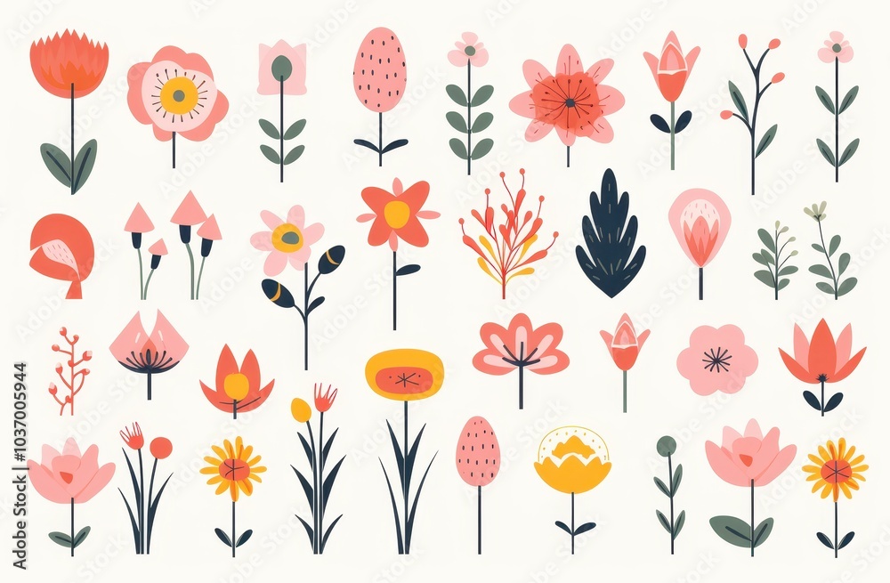 A Collection of Colorful and Stylized Flowers with Different Shapes and Colors A Collection of Colorful and Stylized Flowers with Different Shapes and Colors